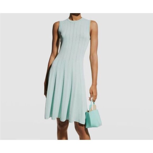 Lela Rose Brocade Long-Sleeve Oxford Blue Textured Knit Fit & Flare NWT $990 - Picture 2 of 8